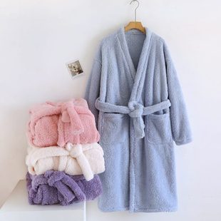 浴衣秋冬法兰绒珊瑚绒睡衣家居服睡袍女冬保暖加绒加厚浴袍 季