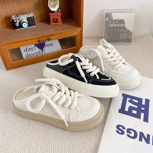 两穿小白b鞋2023夏季新款一脚蹬大码女41-43懒人踩脚半拖帆布板鞋