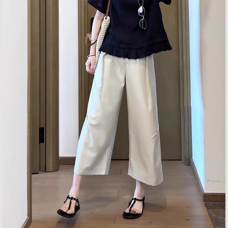 新中式国风缎面醋酸休闲阔t腿裤女夏薄款2025新款宽松直筒八分裤,女装/女士精品,大码裤装,淘宝优惠券,粉丝福利购,淘宝优惠卷