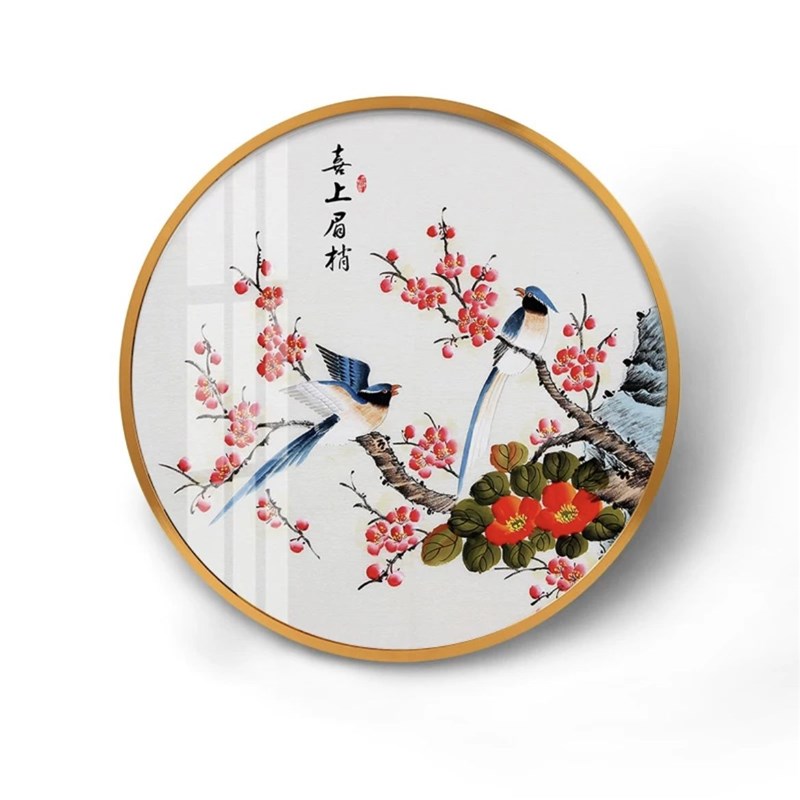 中式圆形玄关装饰画喜上眉梢客厅茶D室花鸟挂画喜鹊卧室床头墙壁图片