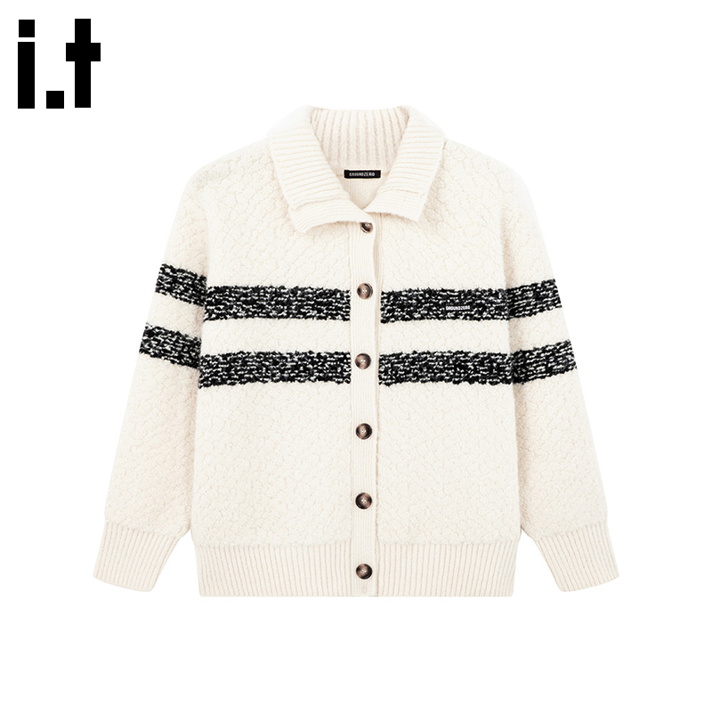 i.t GROUNDZERO2025秋冬宽松韩系翻领开衫羊羔绒毛衣外套针织衫女