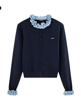 i.t GROUNDZERO2025秋冬藏青色毛衣外套针织衫时尚木耳领开衫女