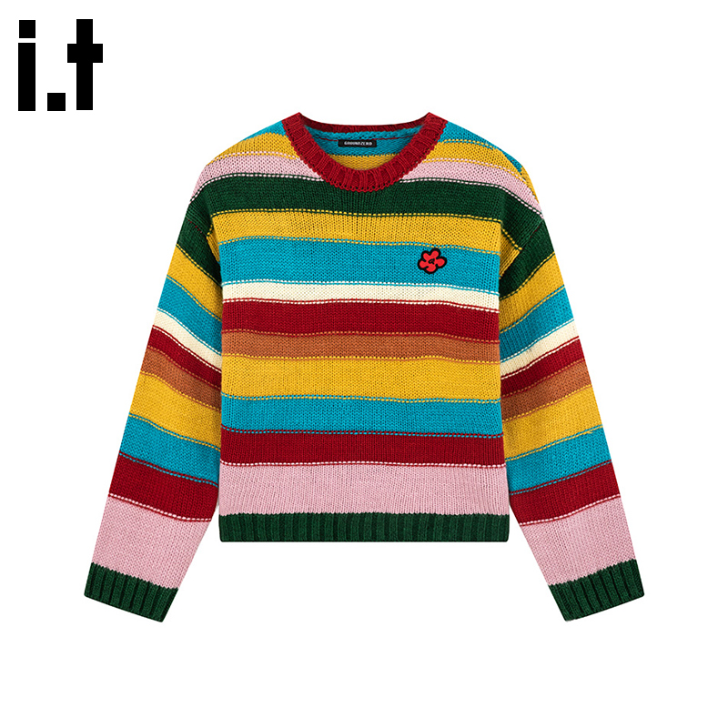 i.t GROUNDZERO2025秋冬撞色刺绣彩虹色条纹长袖毛衣外套针织衫女