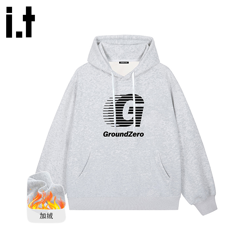 itGROUNDZERO2025秋冬加绒情侣款休闲字母灰色连帽长袖卫衣上衣