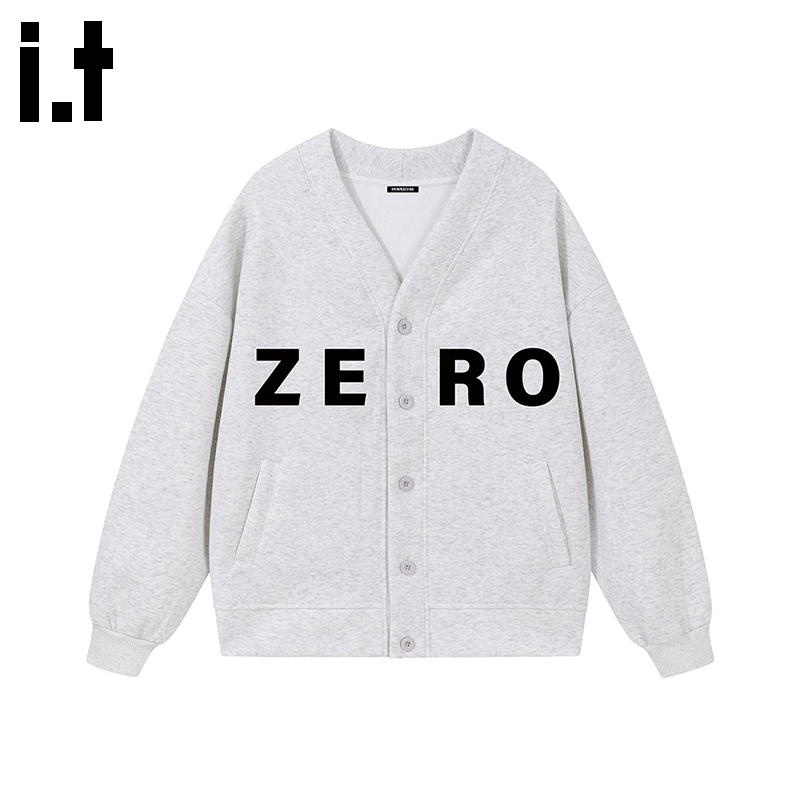 i.tGROUNDZERO2025秋款V领字母浅灰色毛衣针织衫长袖开衫上衣女