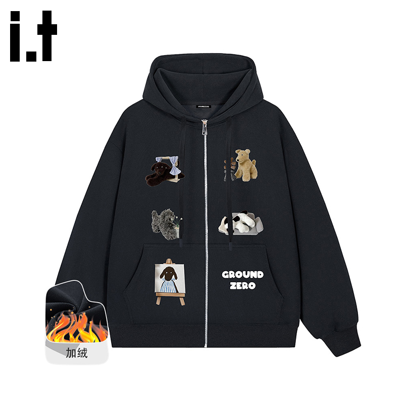itGROUNDZERO2025秋冬加绒男女同款黑色卡通拉链连帽长袖卫衣上衣