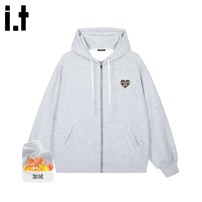 i.tGROUNDZERO2025秋冬加绒心形男女同款灰色连帽长袖卫衣上衣
