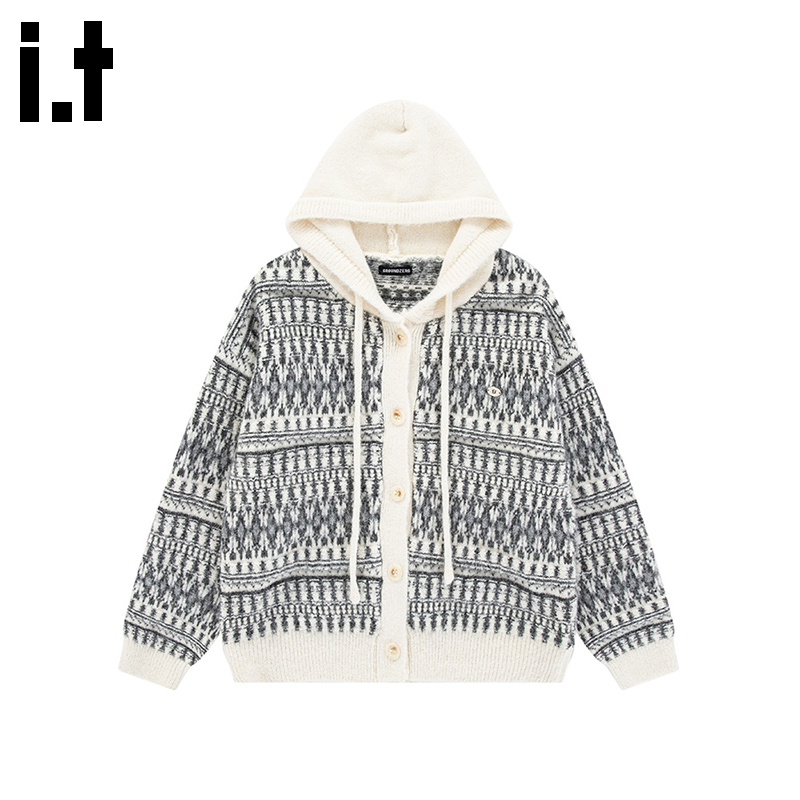 i.t GROUNDZERO韩系2025秋冬杏色连帽撞色长袖毛衣针织开衫女