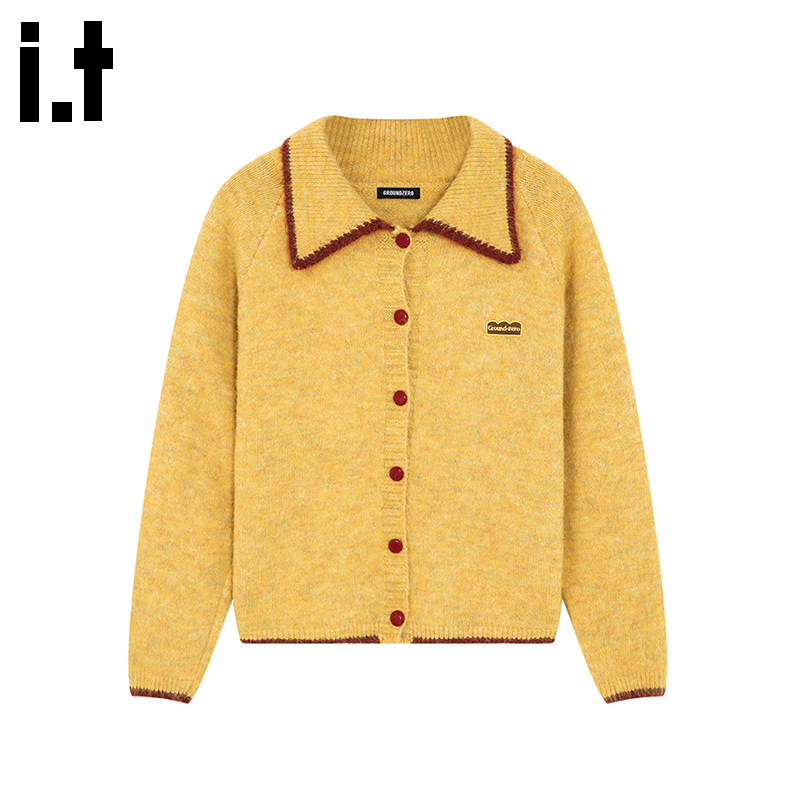 i.t GROUNDZERO2025秋冬国朝黄色长袖保暖翻领撞色毛衣针织开衫女