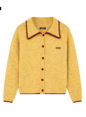 i.t GROUNDZERO2025秋冬黄色长袖保暖翻领撞色毛衣针织开衫女