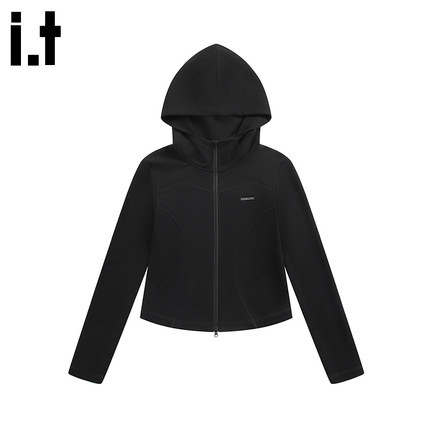 i.t GROUNDZERO国潮牌2025秋季LOGO刺绣花黑色连帽长袖卫衣上衣