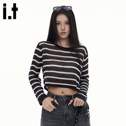 i.t GROUNDZERO韩系条纹时尚甜辣妹短款毛衣针织衫长袖女上衣