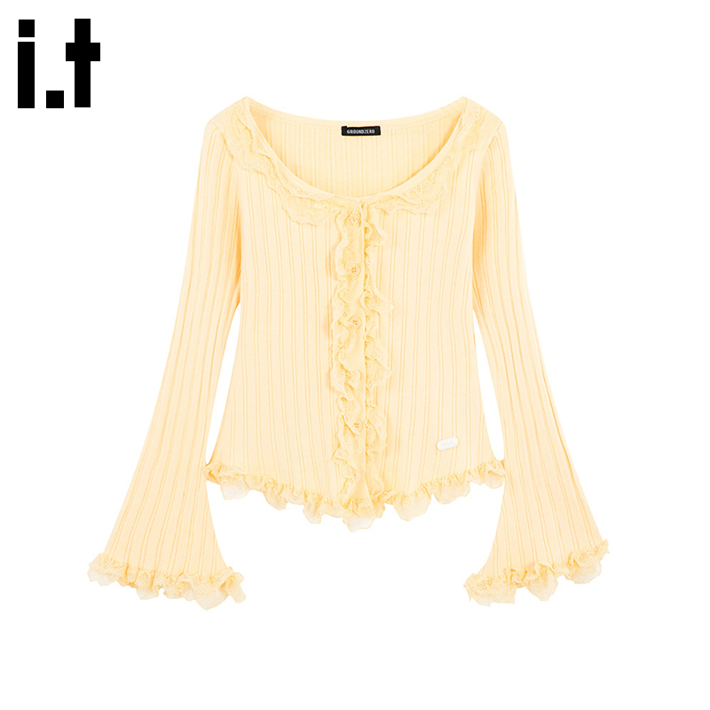 i.t GROUNDZERO2025秋冬喇叭袖木耳边黄色开衫毛衣外套针织衫女