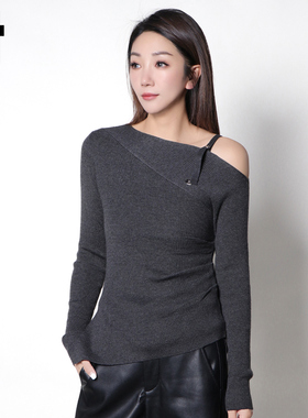 i.t GROUNDZERO2025秋冬深灰色多巴胺斜肩收腰不对称打底针织衫女