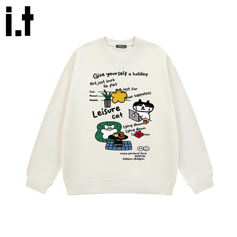 i.t GROUNDZERO国潮牌2025秋款深杏色猫印花GZO棉卫衣长袖上衣