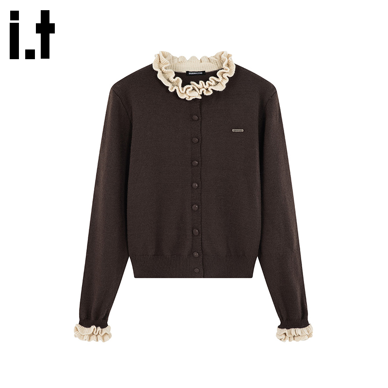 i.t GROUNDZERO2025秋冬粉红色毛衣外套针织衫时尚木耳领开衫女