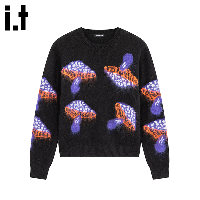 i.t GROUNDZERO韩系2025秋冬黑色圆领蘑菇长袖毛衣针织开衫女