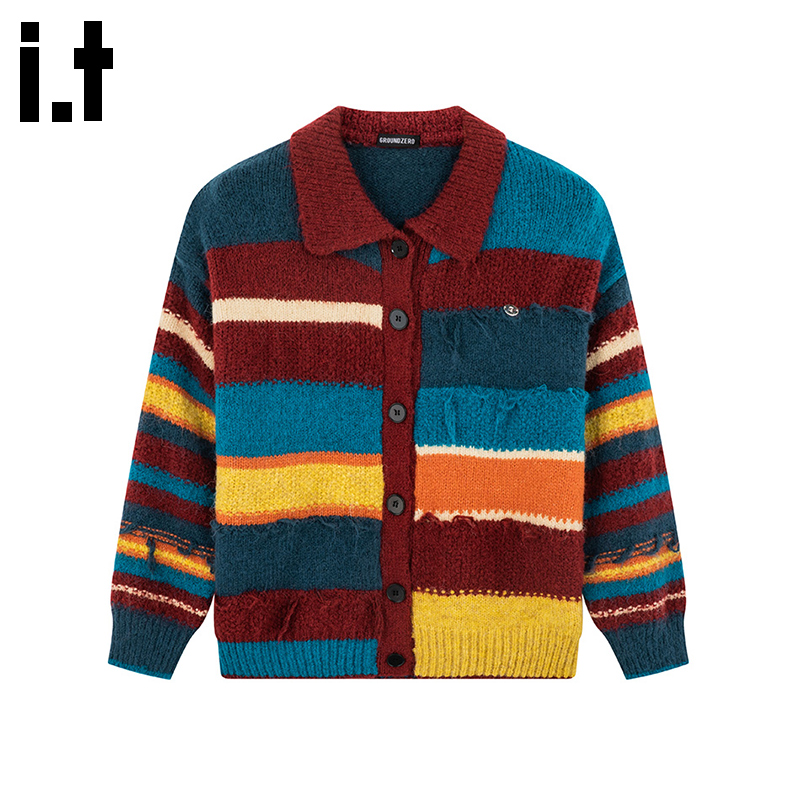 i.t GROUNDZERO2025秋冬韩系彩色条纹翻领开衫毛衣外套针织衫女