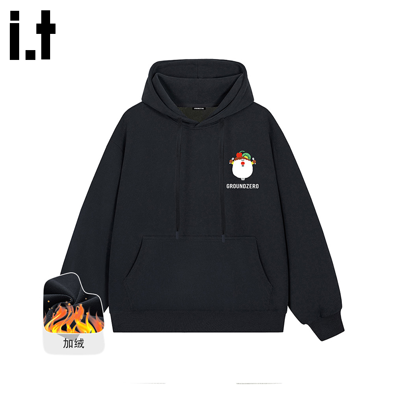 itGROUNDZERO2025秋冬加绒情侣款卡通雪糕黑色连帽长袖卫衣上衣