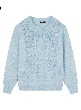 i.t GROUNDZERO2025秋款花朵浅蓝色镂空毛衣针织衫女长袖开衫上衣