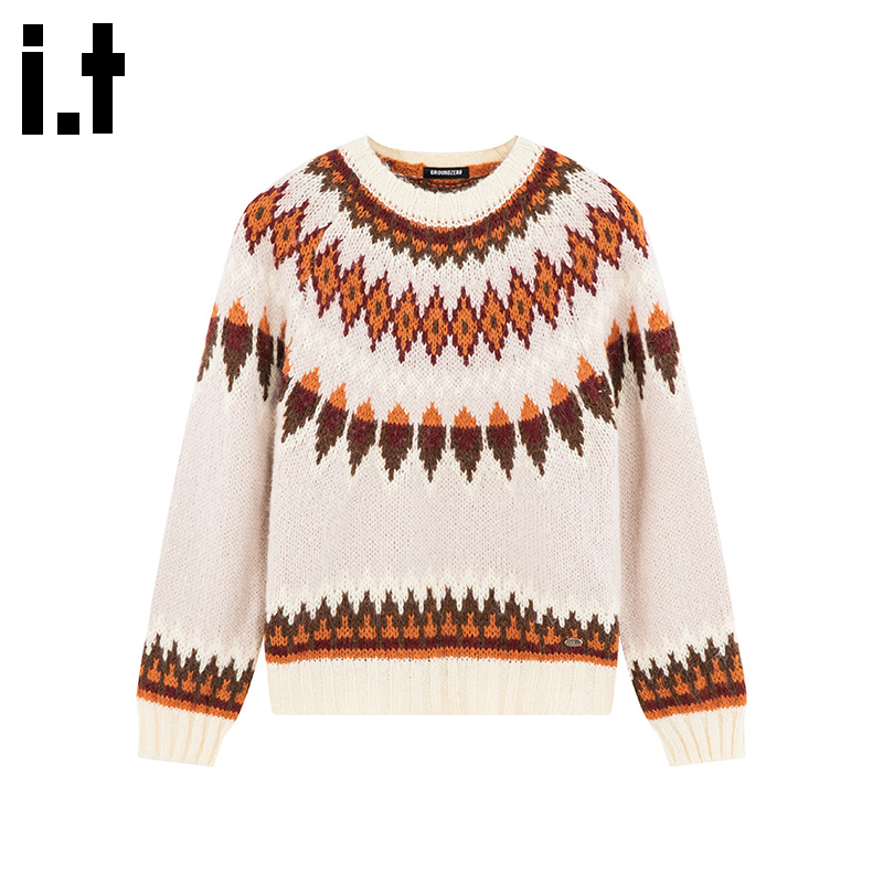 i.t GROUNDZERO2025秋冬撞色拼接粉红条纹长袖毛衣外套针织衫女