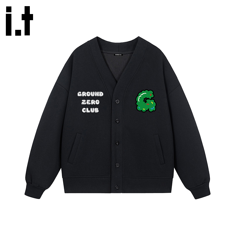 i.tGROUNDZERO2025秋款V领黑色卫衣上衣女