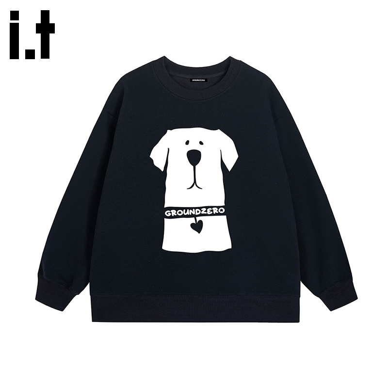 i.t GROUNDZERO国朝2025秋款黑色金毛宝宝棉印花卫衣长袖上衣