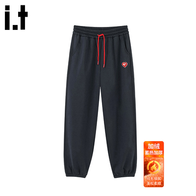 i.tGROUNDZERO秋冬复古显瘦情侣直筒藏青色休闲加绒卫裤腿长裤子