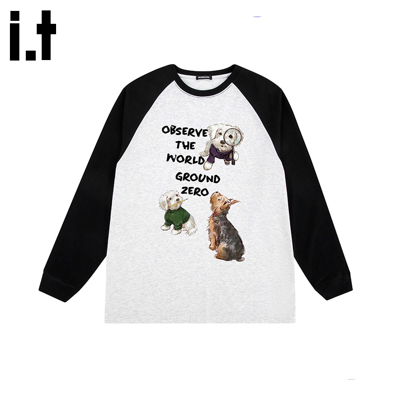 i.t GROUNDZERO韩系2025秋季新款小狗狗花印花灰色棉卫衣长袖上衣