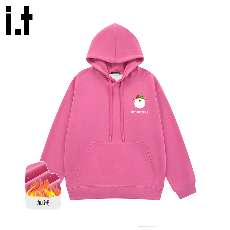 itGROUNDZERO2025秋冬加绒情侣款卡通雪糕桃红色连帽长袖卫衣上衣