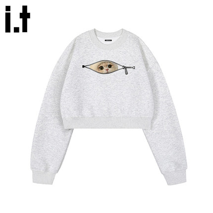 i.t GROUNDZERO国潮牌2025秋季新款小猫印花黑色纯色长袖卫衣上衣