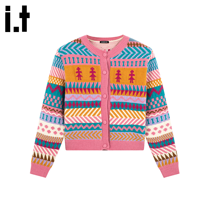 i.t GROUNDZERO2025秋冬毛拼接衣编织撞色公主粉开衫长袖针织衫女