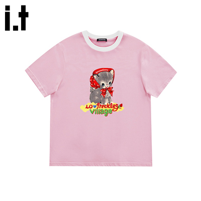 i.t GROUNDZERO2025夏季新款可爱猫咪印花正肩百搭短袖T恤女款GZO