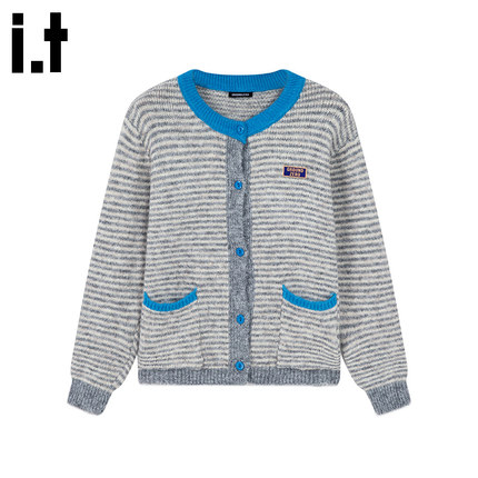 i.t GROUNDZERO2025秋冬浅灰色时尚条纹开衫毛衣外套针织衫女