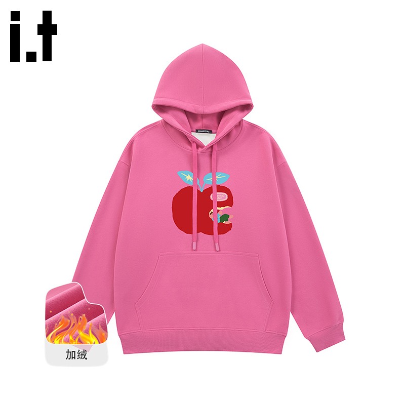 itGROUNDZERO2025秋冬加绒红苹果宽松型男女同款连帽长袖卫衣上衣