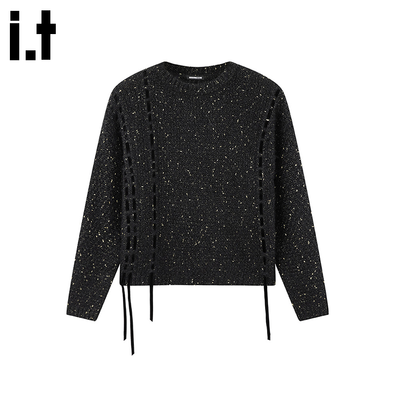 i.t GROUNDZERO韩系2025秋冬黑色圆领系带开衫长袖毛衣针织开衫女