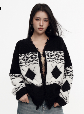 i.t GROUNDZERO韩系2025秋冬翻领绿色开衫毛拼色衣外套针织衫女