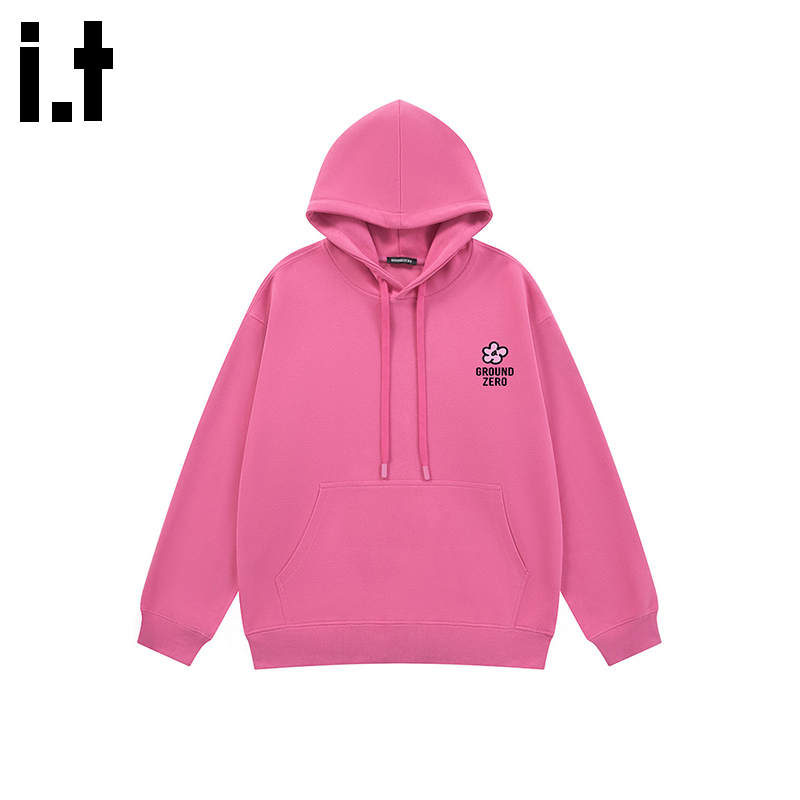 i.t GROUNDZERO韩系2025秋季刺绣小花桃红色连帽长袖印花卫衣上衣