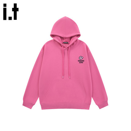 i.t GROUNDZERO韩系夏夏同款2025秋冬刺绣小花桃连帽长袖卫衣上衣