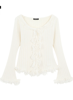 i.t GROUNDZERO2025秋冬喇叭袖木耳边杏色开衫毛衣外套针织衫女