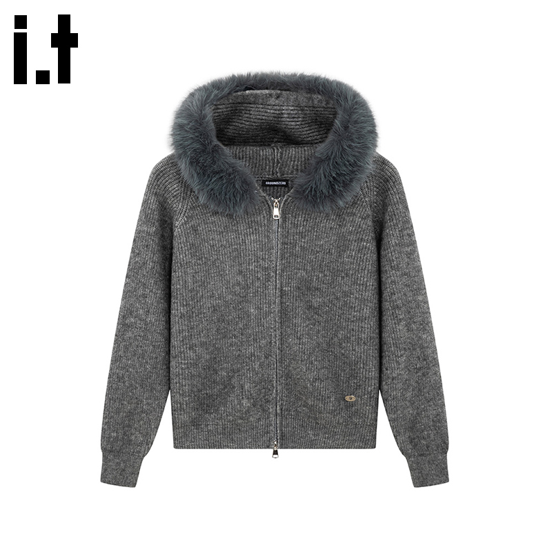 i.t GROUNDZERO韩系2025秋冬深灰色毛毛连帽长袖毛衣针织开衫女 - 封面