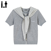 外搭女装 i.tGROUND 上衣 V领衫 短袖 ZERO条纹设计针织衫 女夏季