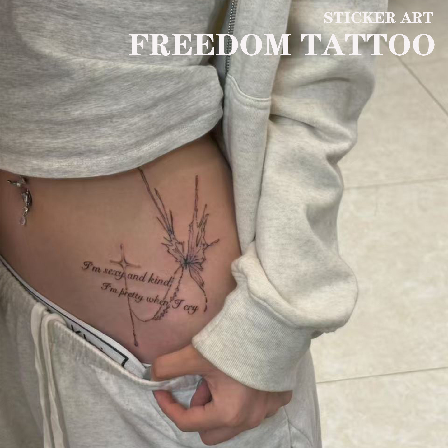 小众蝴蝶草本纹身贴防水女持久小腹英文遮盖疤痕贴纸甜酷个性辣妹