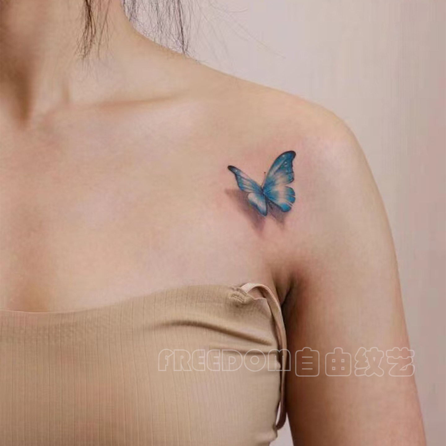 蓝色3D立体蝴蝶彩色纹身贴性感辣妹锁骨高级感仿真刺青防水持久