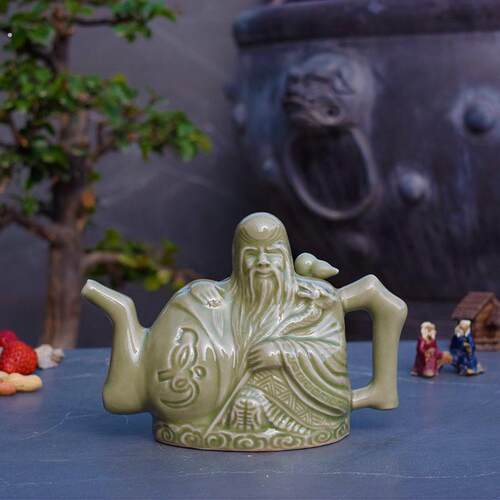 双层两心壶鸳鸯壶倒流阴阳酒壶寿星古代千杯不醉仿古耀州窑青瓷