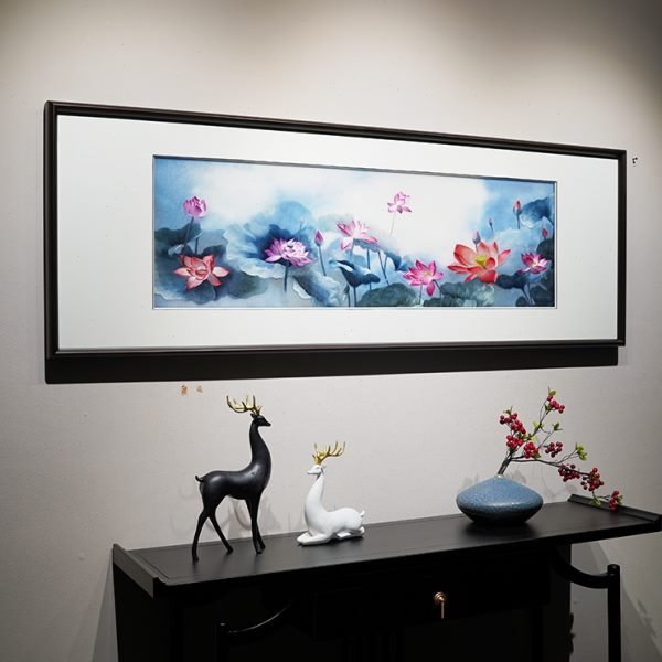 新中式荷花图苏州精品纯手工刺绣带框可定制沙发背景墙客厅装饰画图片