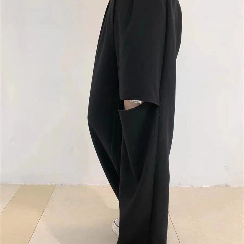 欧货夏季薄款设计感黑色休闲拖地裤宽松西裤女小众独特Z直筒阔腿