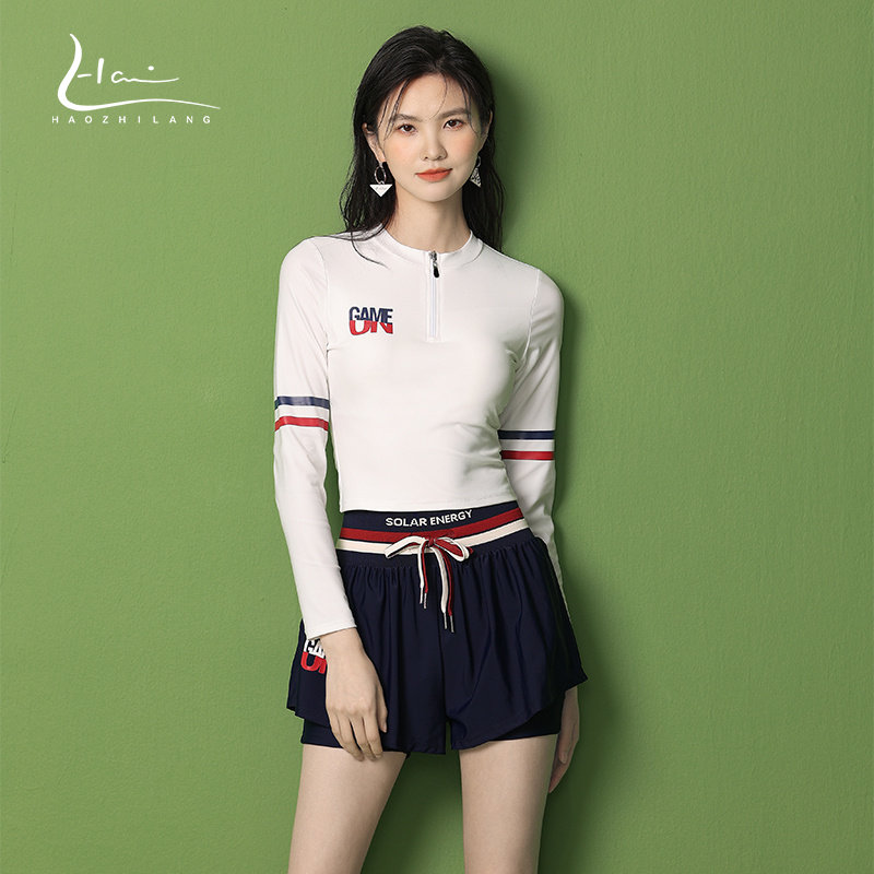 泳衣女保守分体长袖防晒平角显瘦2024新款夏季R游泳馆专用专业训