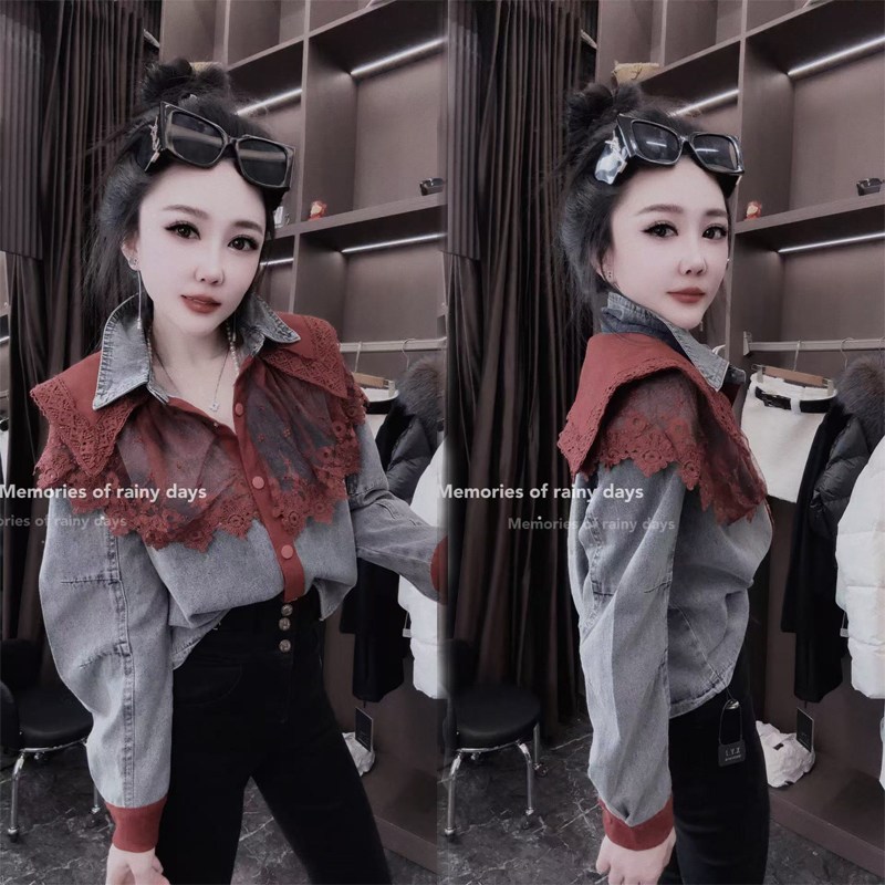 欧货2025春新款韩版时尚百搭z牛仔衬衫女拼接蕾丝花边打底减龄衬