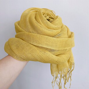 日系纯亚麻姜黄色围n巾百搭文艺流苏薄款防晒披肩春夏透气丝巾女